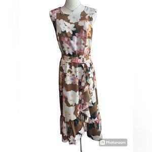 Calvin Klein Size 8 Sleeveless Brown Floral Print Belt w/Ruffle Hem Spring Dress